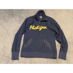 Michigan Wolverines Full Zip Sweatshirt Mock Neck Drawstring Womens Medium Blue